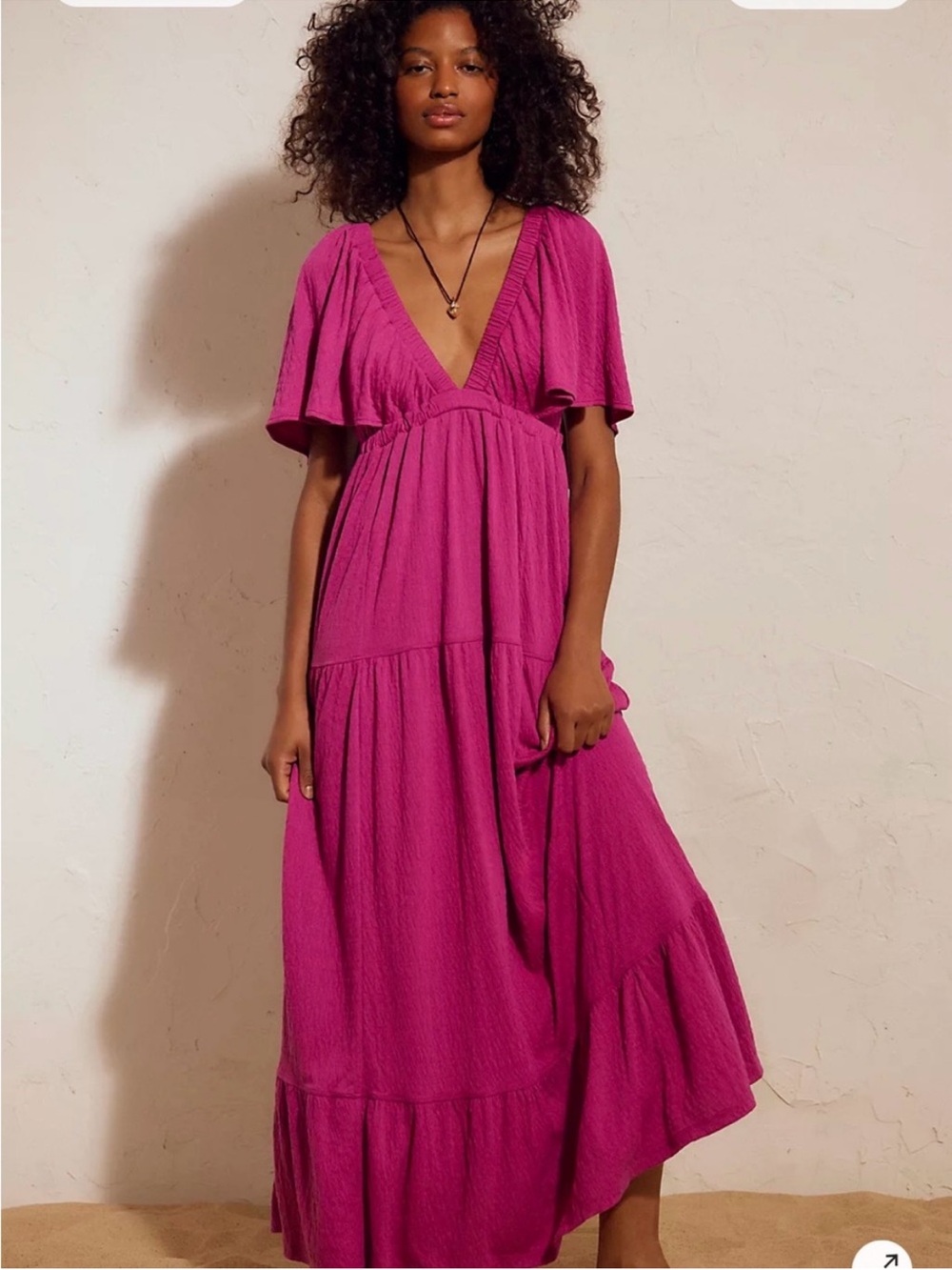 Free People Magenta V-Neck Tiered Maxi Dress